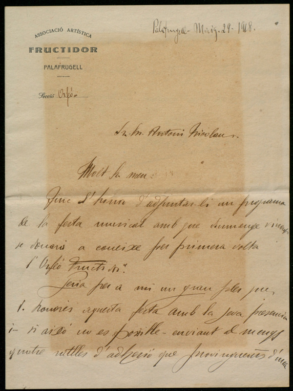 [Carta del director de l’Orfeó Fructidor, Julián M. De Huarte, a Antoni Nicolau]