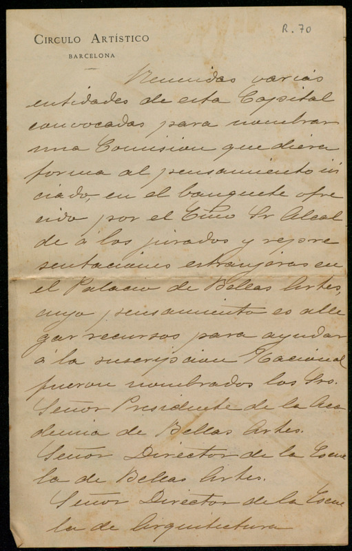 [Carta de Joan Francesc Chia i Alba, del Círculo Artístico de Barcelona, a Antoni Nicolau]