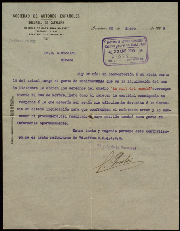 [Cartes de la Sociedad de Autores Españoles a Antoni Nicolau]