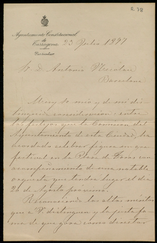 [Carta de Rafael Cañellas Tomás, preaident de la comissió de l’Ajuntament de Tarregona, a Antoni Nicolau]