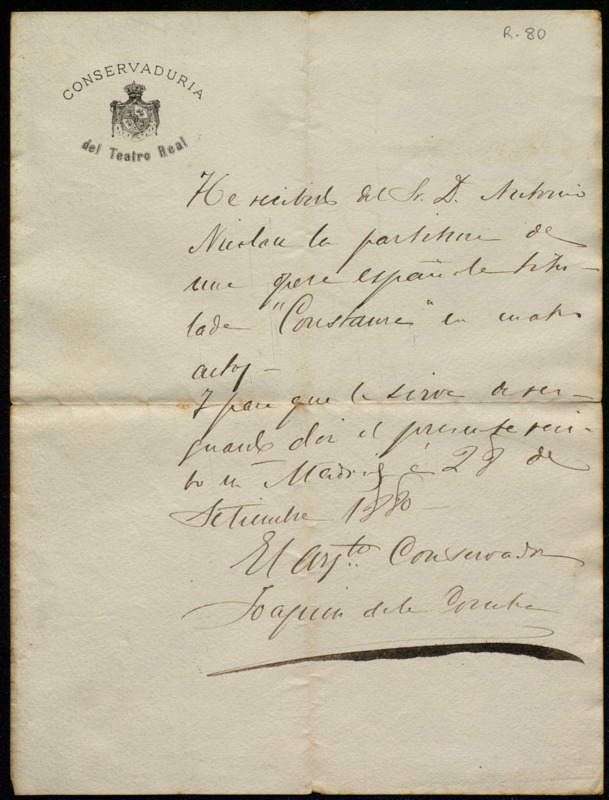 [Carta de la Conservaduría del Teatro Real a Antoni Nicolau]