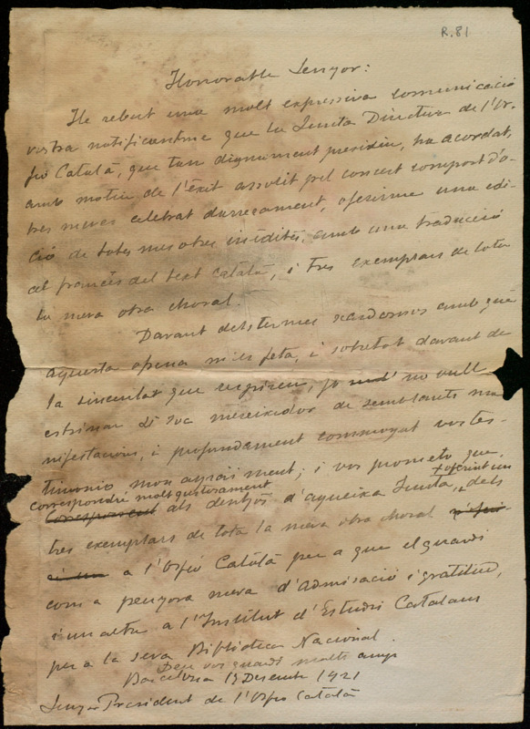[Carta d’Antoni Nicolau al prsident de l’Orfeó Català]