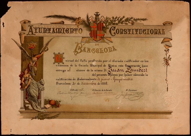 Diploma del Jurado calificador de la Escuela Municipal de Música de Barcelona