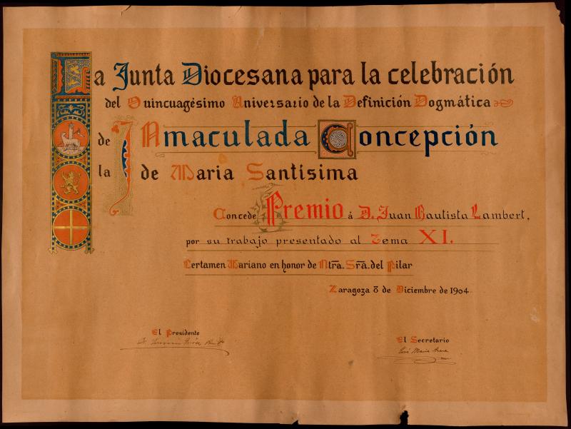 Diploma Junta Diocesana Zaragoza. Certamen Mariano en    honor a Ntra. Sra. del Pilar