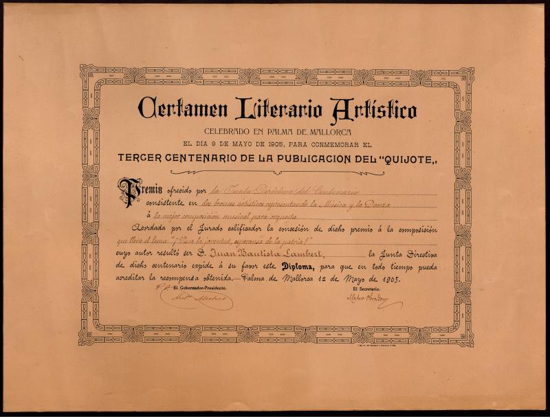 Diploma Certamen Literario Artístico de Palma de Mallorca