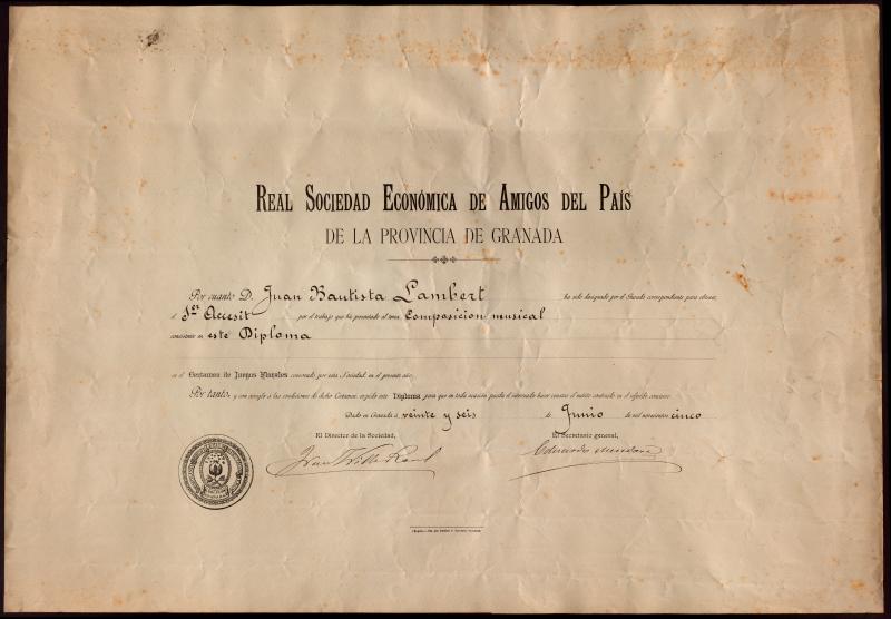 Diploma de la Real Sociedad Económica de Amigos del País de la provincia de Granada. Certamen Juegos Florales de Granada.