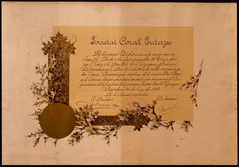 Diploma de la Societat Coral Euterpe. Certamen literari sociològic per commemorà el cinquantanari de la Societat Euterpe.