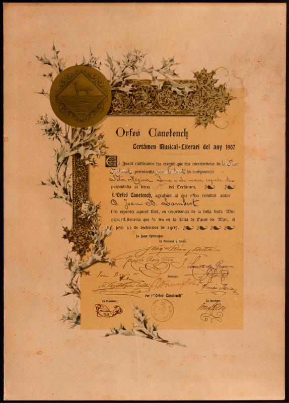 Diploma de l’Orfeó Canetenc. Certamen musical literari de l’any 1907