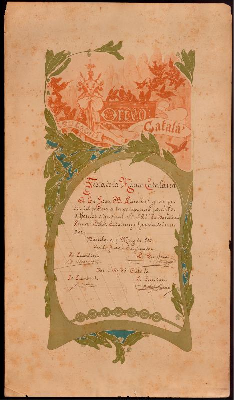 Diploma Festa de la Música Catalana de l’any 1908