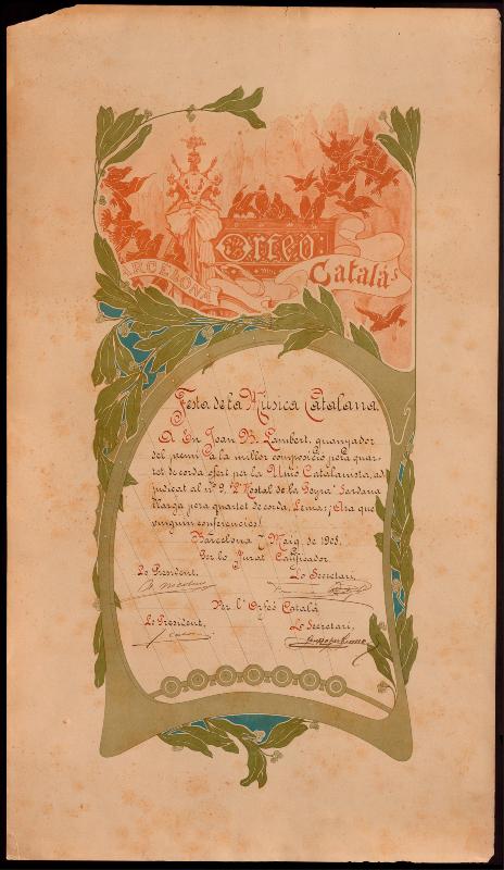 Diploma Festa de la Música Catalana de l’any 1908