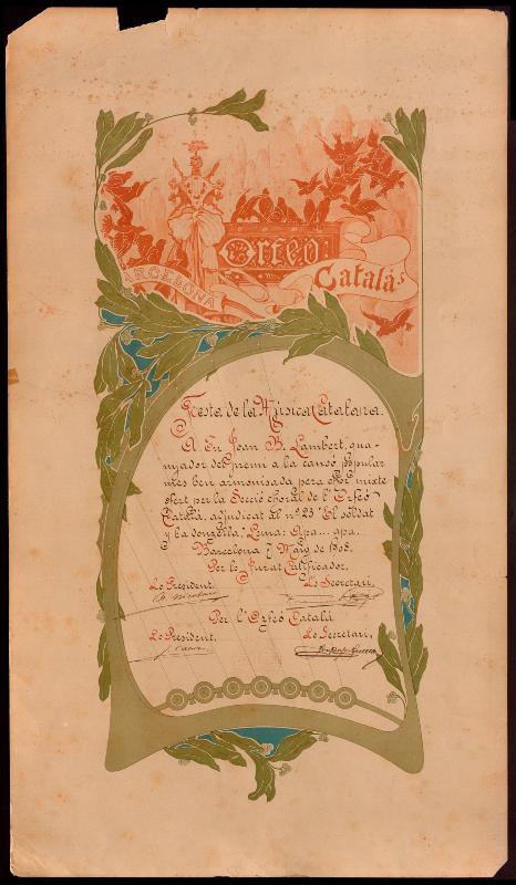 Diploma Festa de la Música Catalana de l’any 1908