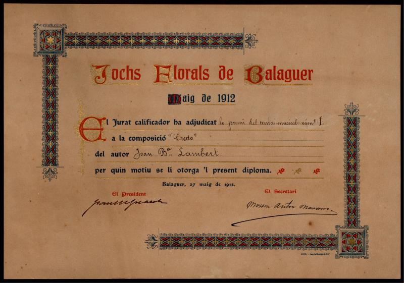 Diploma dels Jocs Florals de Balaguer