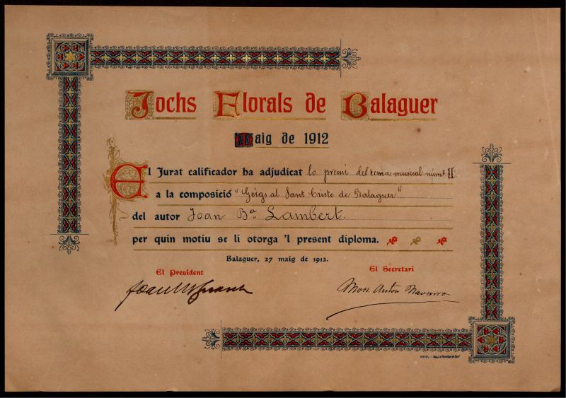 Diploma dels Jocs Florals de Balaguer