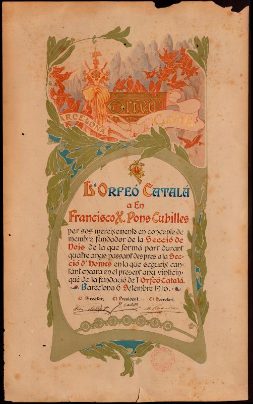 Diploma de l’Orfeó Català