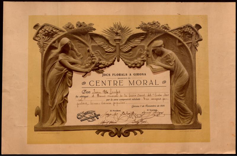 Diploma Jocs Florals a Girona, organitzats pel Centre Moral