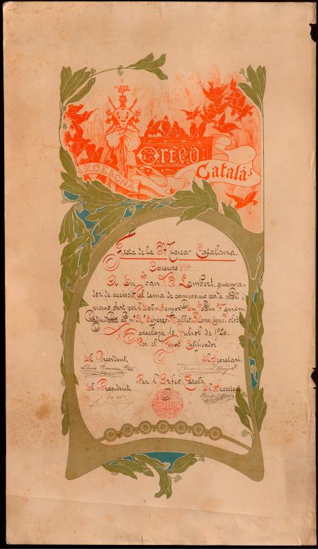 Diploma Festa de la Música Catalana de l’any 1920