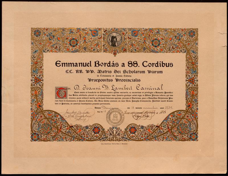 Diploma de l’Escola Pia de Barcelona