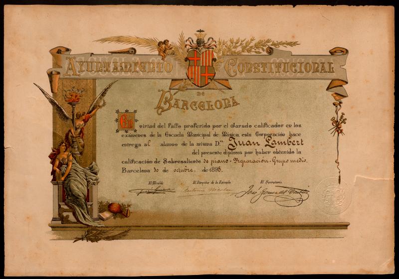 Diploma del Jurado calificador de la Escuela Municipal de Música de Barcelona