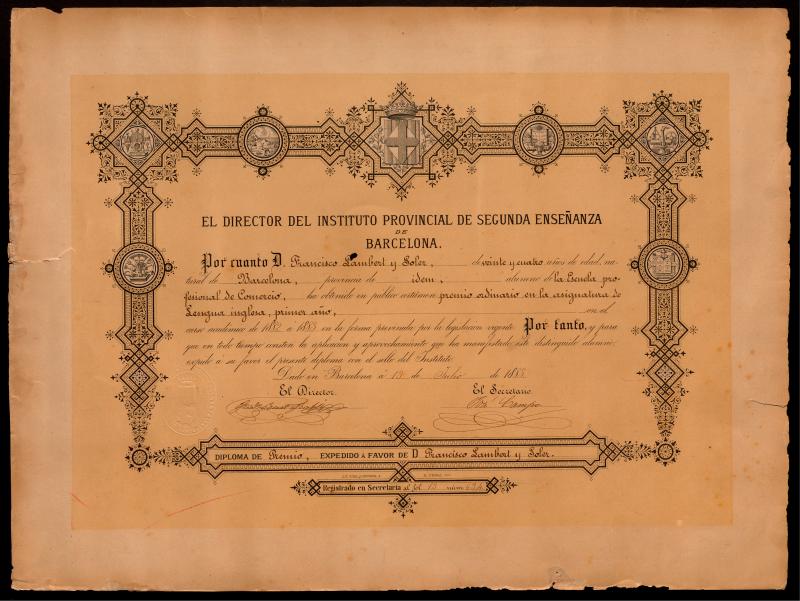 Diploma del instituto Provincial de Segunda Enseñanza de Barcelona