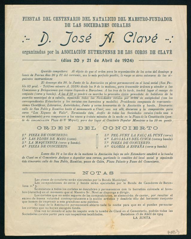 [Programa d’homenatge a Josep Anselm Clavé organitzat per l’Associació Euterpense]