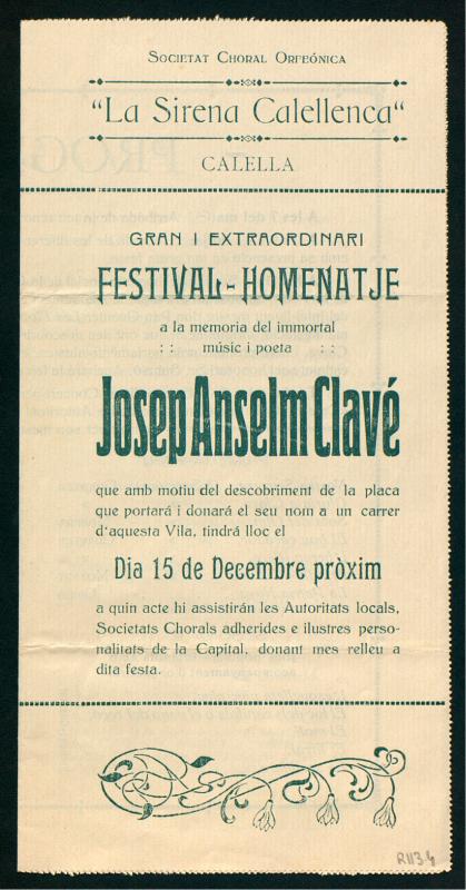 [Programa d’homenatge a Josep Anselm Clavé, organitzat per la societat coral La Sirena Calellenca]