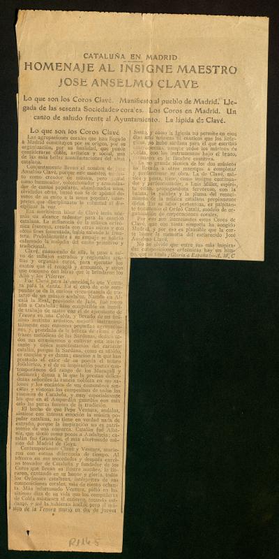 [Retalls de premsa sobre homenatge a Anselm Clavé]