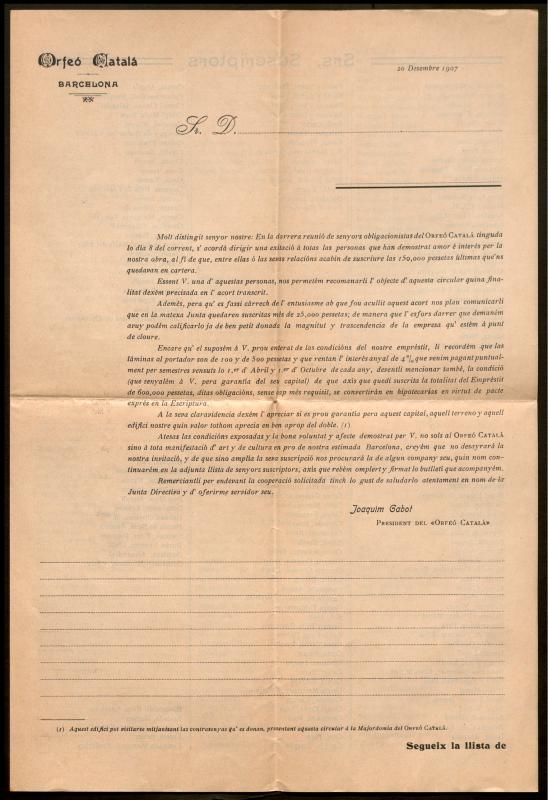 Carta de l’Orfeó Català. Llistat de suscriptors.