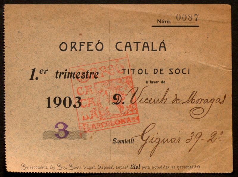 [Rebuts de soci de l’Orfeó Català de Vicenç de Moragas]