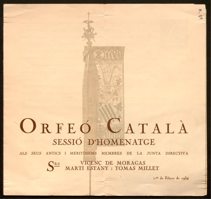 [Programa de la sessió d’homenatge als Srs. Vicenç de Moragas, Martí Estany i Tomàs Millet]