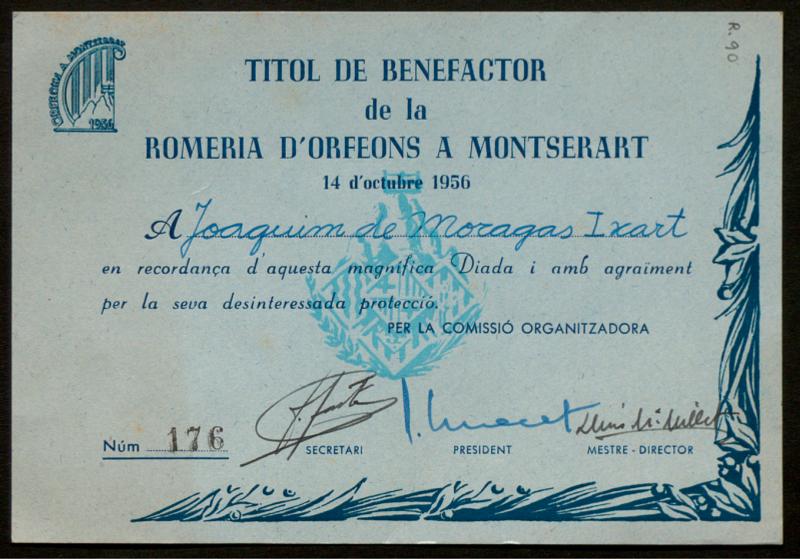 Títol de benefactor a Vicenç de Moragas de la Romeria d’Orfeons a Montserrat]