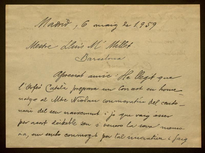 [Carta de Joan Vidal Roda dirigida a Lluís M. Millet]