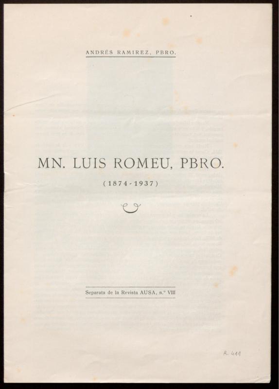 Separata de la Revista Ausa, núm. VIII. Mn. Luis Romeu, Prbro.