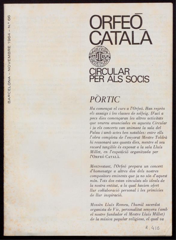 Circular dels socis de l’Orfeó català, núm. 66, novembre 1966