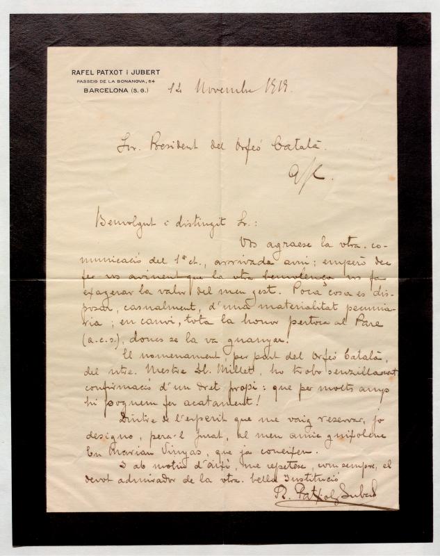 Carta de Rafael Patxot al president de l’Orfeó Català