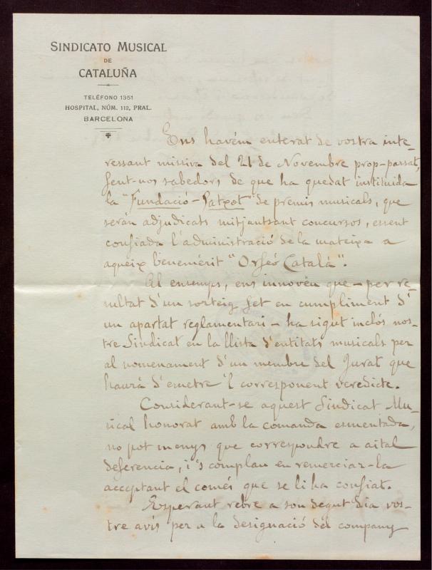 Carta del Sindicat Musical de Catalunya dirigida al presient de l’Orfeó català