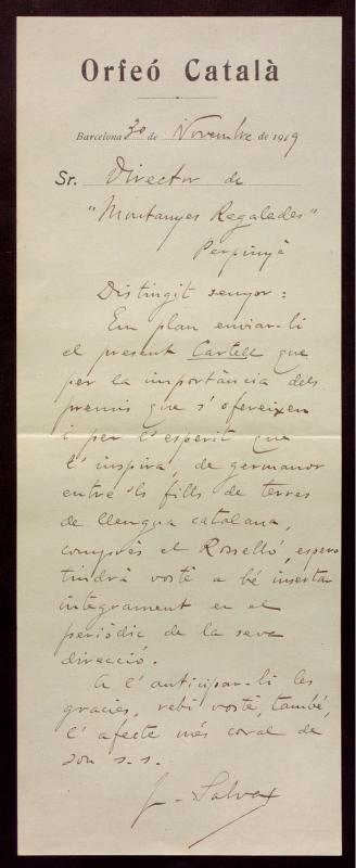 Carta de Joan Salvat al director de la publicació de Muntanyes Regalades