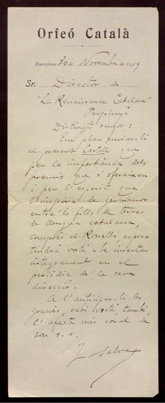Carta de Joan Salvat al director de la Renaissance Catalane