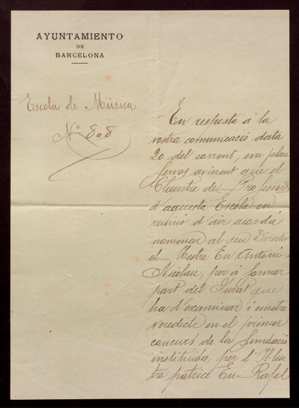 Carta de l’Escola Municipal de Música adreçada a l’Orfeó Català