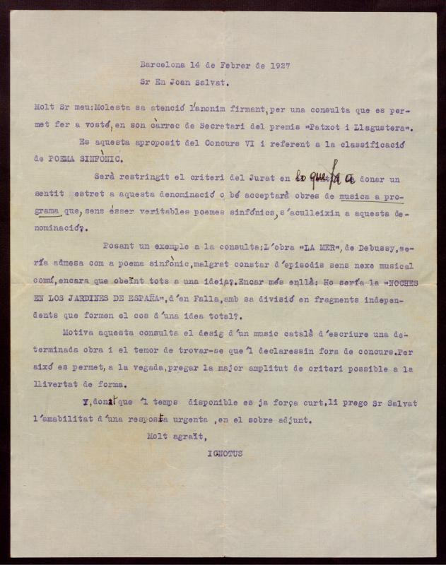 Carta d’un concursant anònim