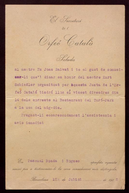 Esborrany d’una carta de Joan Salvat adreçada a l’Escola Municipal de Música