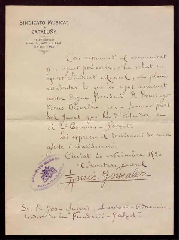 Carta del Sindicat Musical de Catalunya