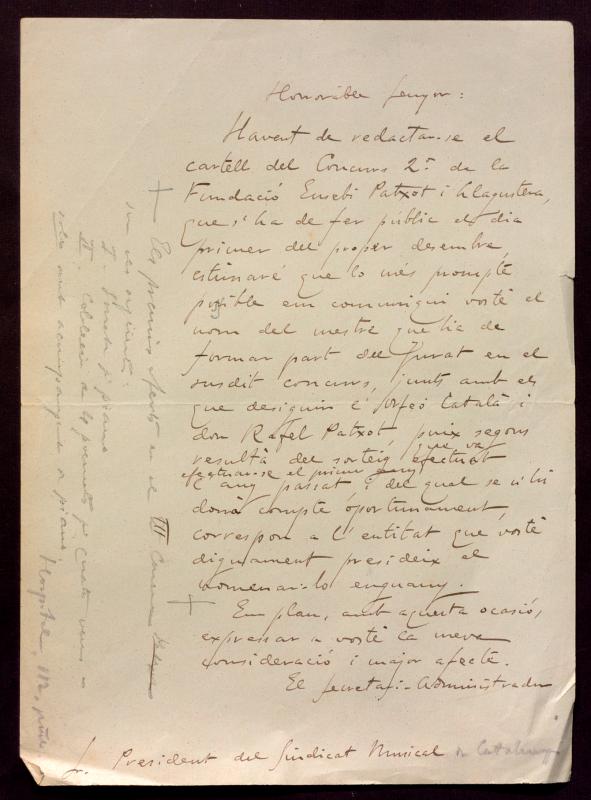 Esborrany d’una carta de Joan Salvat adreçada al Sindicat Musical de Catalunya