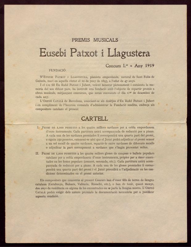 Cartell premis musicals Eusebi Patxot. Concurs 1r. 1919.