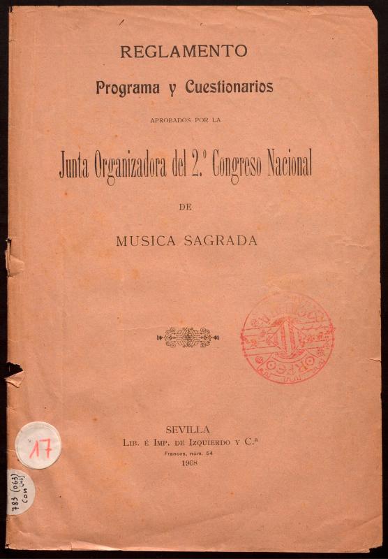 Reglamento, programa y cuestionarios aprobados por la Junta Organizadora del 2º Congreso Nacional de música sagrada