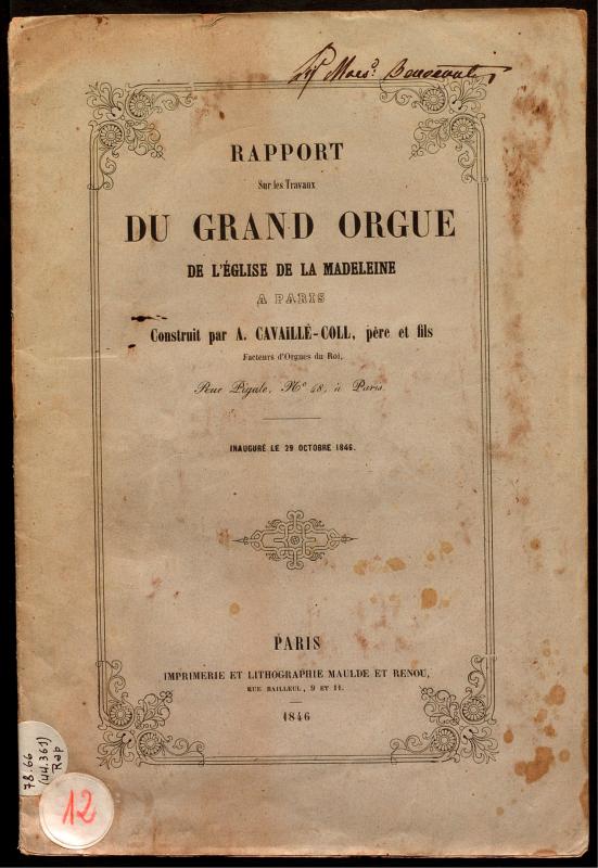 Rapport sur les travaux du grand orgue de l’Eglise de la Madeleine à Paris