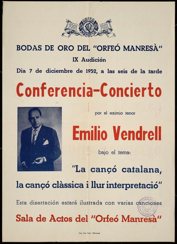 Conferencia-concierto por el eximio tenor Emilio Vendrell en la Sala de actes del Orfeó Manresà.