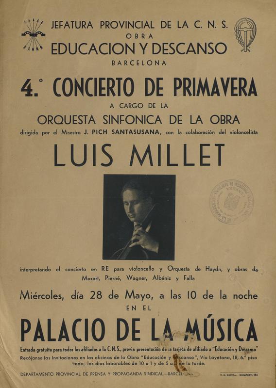 4o concierto de primavera. Orquesta Sinfónica de la Obra con al colaboración del violoncelista Luis Millet