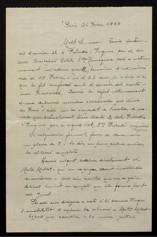 Carta del compositor Francesc Riba i Martí