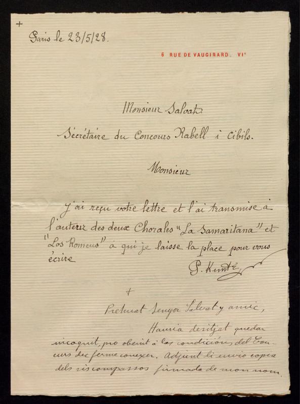 Carta del compositor Josep Civil adreçada