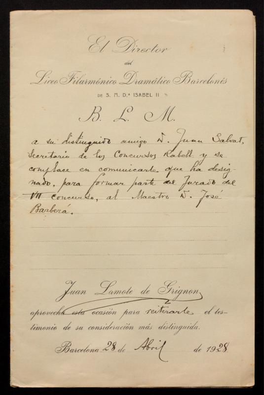 Carta del director del Liceu Filharmònic Dramàtic de Barcelona